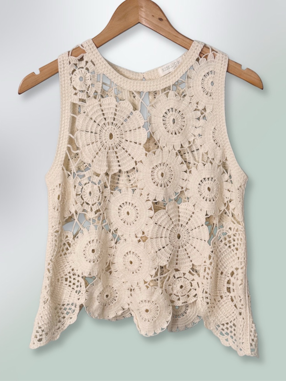 Rebellion Cream Boho Crochet Knit Cotton-Blend Sleeveless Overlay Cami Tank Top